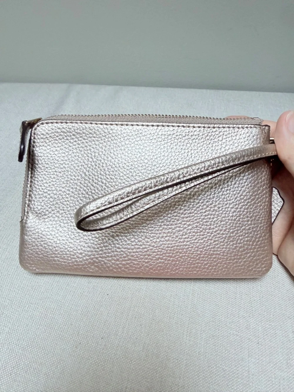 Coach Double Zip Wristlet Metallic Rose Gold
